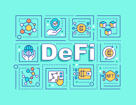DeFi word concepts mint banner. Decentralized financial system. Infographics with editable icons on color background. Isolated typography. Vector illustration with text. Arial-Black font used