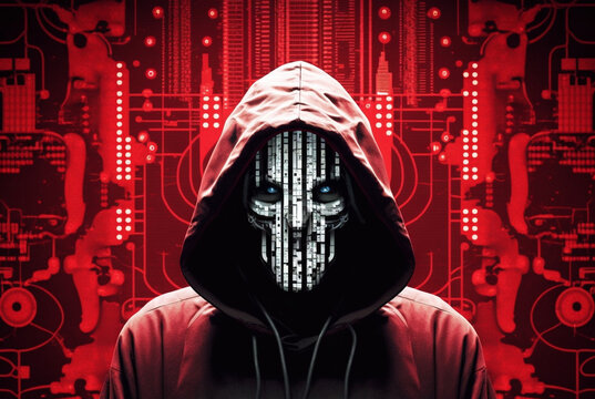 Portrait of anonymous robot hacker. Concept of hacking cybersecurity, cybercrime, cyberattack, etc.