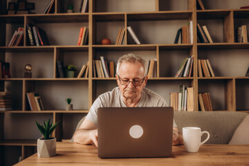 Close up mature man wearing headphones using laptop, making video call, sitting at table in...