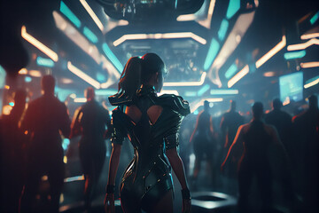 Cyberpunk woman dancing at party at futuristic disco party. Cyberpunk girls dancing and having fun in a nightclub at a concert during creative light and music show