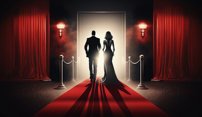 Silhouettes of elegant couple on red carpet. Generative AI.