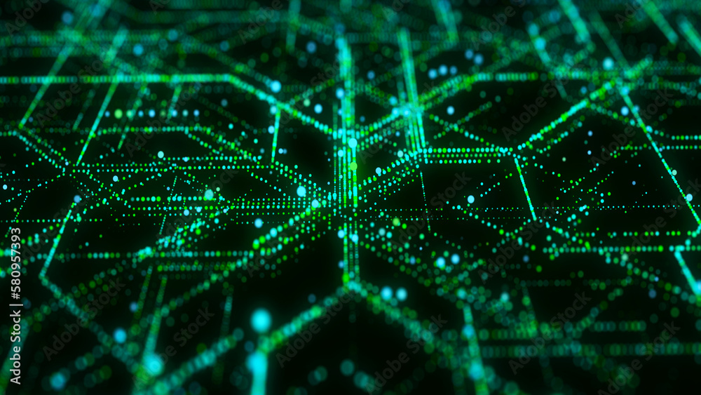 Poster Futuristic circuit board concept. Progressive IT technologies. Digital data flow concept. Big data visualization. 3d rendering.
