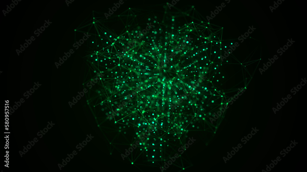 Poster Futuristic cube with connected particles in cyberspace. Technology blockchain concept. Big data flow connections. Visualization of the dynamic flow of the cryptocurrency industry. 3D rendering.