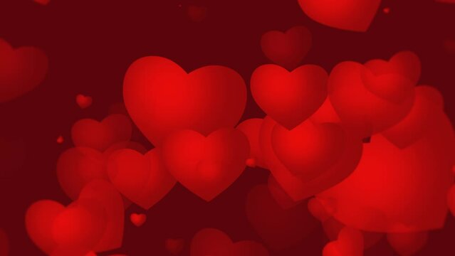 Fly red romantic hearts on shiny gradient, motion holidays, love and Valentines day style background