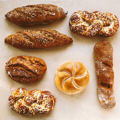 Variety of breads and pastries on baking paper