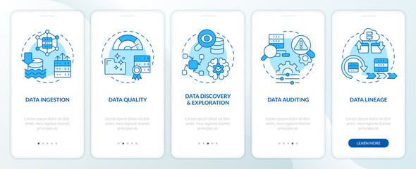 Data lake key concepts blue onboarding mobile app screen. Walkthrough 5 steps editable graphic instructions with linear concepts. UI, UX, GUI template. Myriad Pro-Bold, Regular fonts used