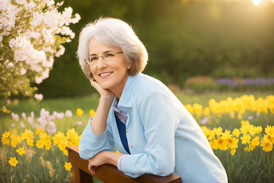 Portrait of an attractive elegant senior woman relaxing in a flowered garden. Generative ai