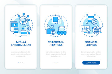 Data lake use cases blue onboarding mobile app screen. Industries walkthrough 3 steps editable graphic instructions with linear concepts. UI, UX, GUI template. Myriad Pro-Bold, Regular fonts used