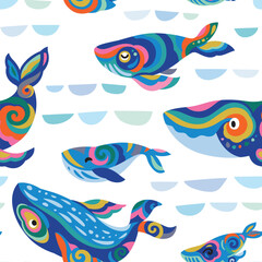 Cute seamless pattern with bright rainbow whales with folk ornaments inside