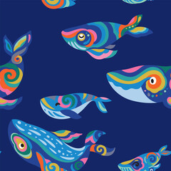 Seamless pattern with bright whales with folk ornaments inside