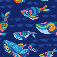 Cute seamless pattern with bright rainbow whales with folk ornaments inside 