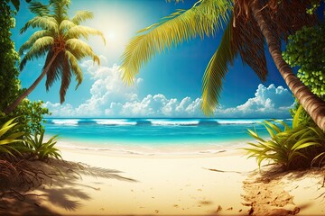 Paradise a palm lined, sunny beach with a clear sea. Concept of a tropical beach and summer vacation. Generative AI - obrazy, fototapety, plakaty
