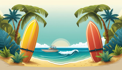 Surfboard on tropical beach abstract background. Graphic illustration design. Generative ai