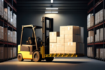 Forklift loads pallets and boxes in warehouse . ai generative