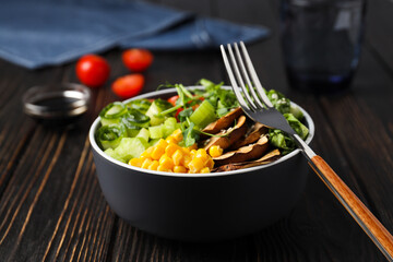 Bowl with tasty and nutritious food, delicious homemade lunch