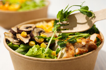 Bowls with tasty and nutritious food, delicious homemade lunch