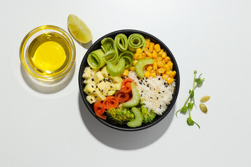 Bowl with tasty and nutritious food, top view