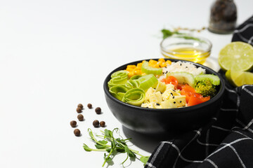 Bowl with tasty and nutritious food, space for text