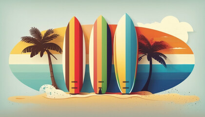 Fototapeta na wymiar Surfboard on tropical beach abstract background. Graphic illustration design. Generative ai