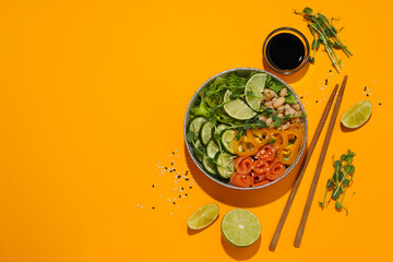 Bowl with tasty and nutritious food, space for text