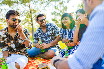 indian students having a lunch in Delhi park outdoors