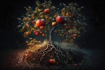 With an apple tree, autumn apples are growing in a soil patch. Generative AI
