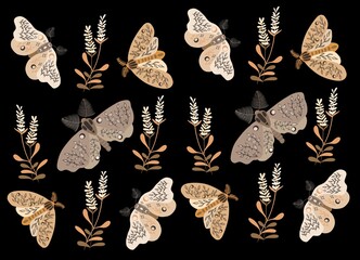 Seamless pattern with moths and flowers on black background