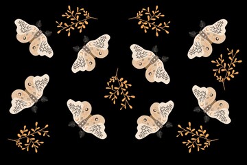 Seamless pattern with moths and golden branches with leaves