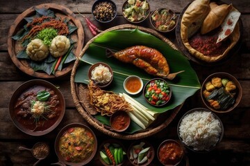 Many different indonesian food dishes. Various indonesian bali food. Generative AI - obrazy, fototapety, plakaty