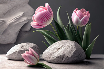 3D Podium made of natural stone and pink tulips. Product presentation. luxury mockup 3d rendering, advertising space mockup. Decorations for events. Generative AI