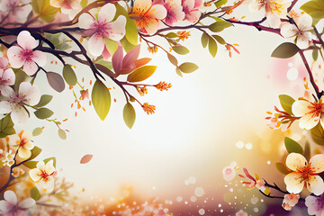 Fototapeta premium Beautiful spring flowering tree branches, spring background with space for tex. Spring banner with space copy. Generative AI