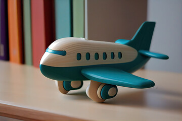 Children's plane, blue, made of wood, stands on a shelf among books. The concept of children's toys. Retro toys. Generative AI