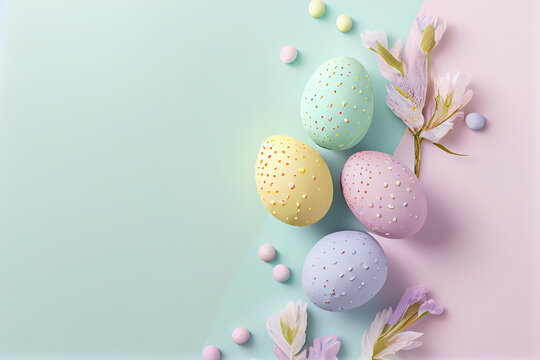 Delicate Easter background, spring concept. Colorful pastel eggs, postcard, background for Easter. easter eggs and delicate pink flowers are laid out on a pastel background. Generative AI