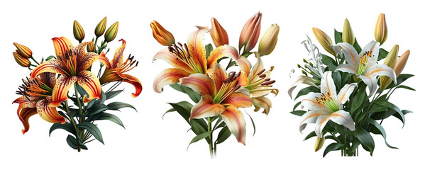 Three bouquets of bright lilys on a transparent background, Generative AI - obrazy, fototapety, plakaty