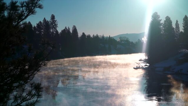 Spokane early morning on river sunrise ducks fog trees sun cold crisp winter Feb 2019