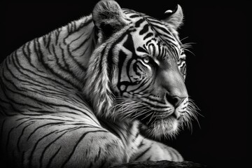 Beautiful tiger in black backdrop in black and white. Generative AI
