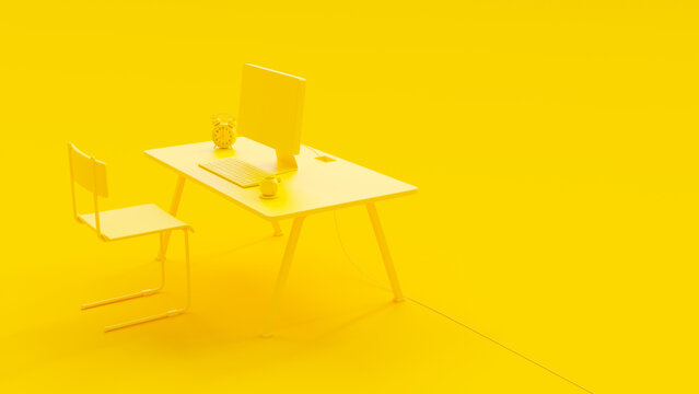 Yellow work desk minimal concept. Yellow computer with alarm clock and cup coffee on desk. 3D render.