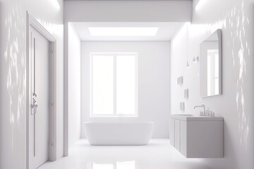 Fototapeta na wymiar white light-flooded bathroom 3d rendering minimal room with large window, generative ai, created with generative ai