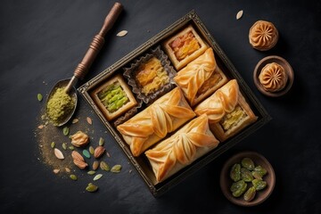Traditional baklava assortment with pistachios from Turkey and the Arab world. sweets for Ramadan. above, with space for copy. Generative AI