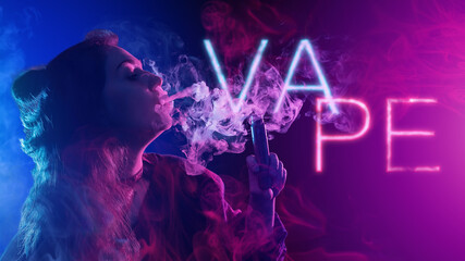 Vape girl. Woman with electronic cigarette. Girl is engaged in vaping. Vape woman in neon light. Vaper releases smoke from mouth. Vape gadget for smoking steam. Girl model smokes e-cig
