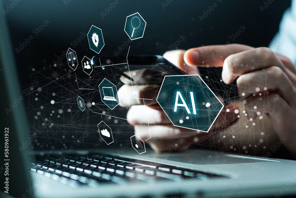Poster hand touching digital chatbot for provide access to information and data in online network, robot ap