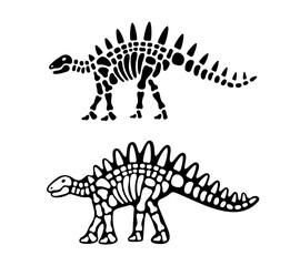 Kentrosaurus bones and skull. Kentrosaurus skeleton. Prehistoric animal silhouette. Paleontology and archeology. Prehistoric creature bones