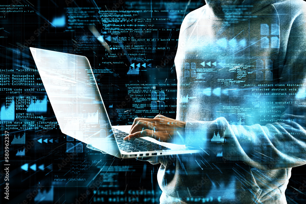 Poster Hacker using laptop with glowing hacking hologram on blurry dark background. Crypto, security and criminal concept. Double exposure.