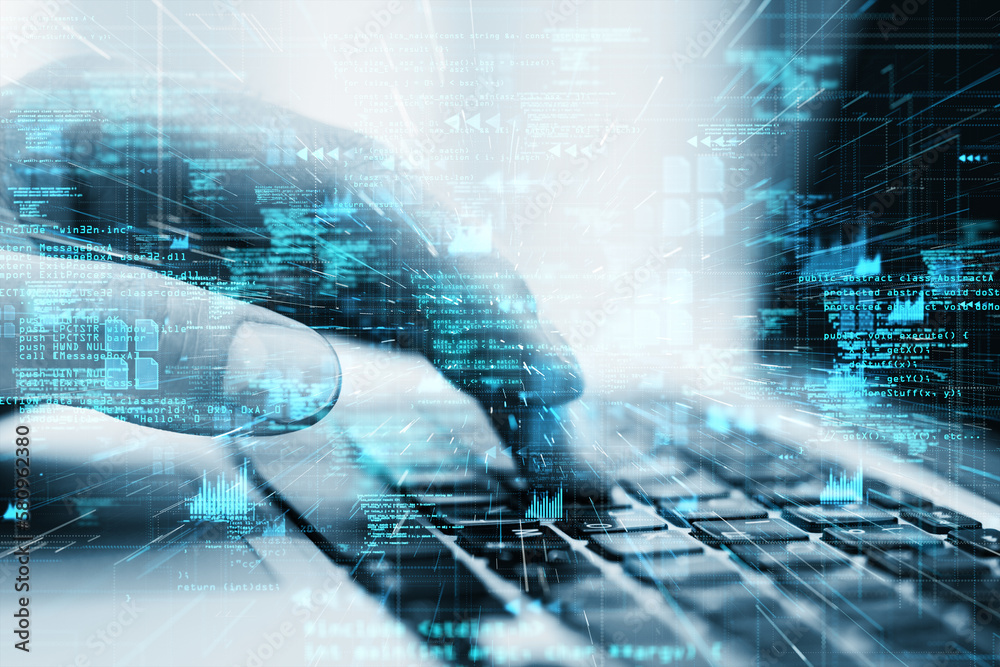 Aufkleber Close up of hand using laptop with glowing hacking tech hologram on blurry background. Crypto, security and criminal concept. Double exposure.