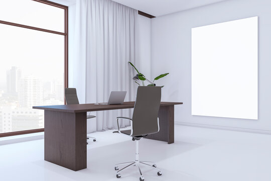 Modern bright office interior with empty mock up frame on wall, furniture and equipment, window with city view and curtain. 3D Rendering.