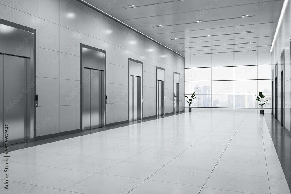 Aufkleber Perspective view on modern blank business center corridor area with place for product presentation on light glossy floor between elevators on city view background from window. 3D rendering, mock up