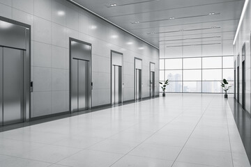 Perspective view on modern blank business center corridor area with place for product presentation on light glossy floor between elevators on city view background from window. 3D rendering, mock up