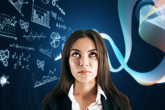Portrait of attractive pensive young european businesswoman with glowing mathematical formulas hologram on blurry blue background. Equation, digital data and mathematics app concept. - Powered by Adobe