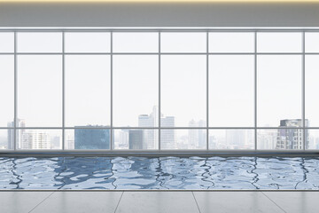 Fototapeta na wymiar Clean luxury gym interior with swimming pool and panoramic windows with city view and daylight. Healthy lifestyle and interiors concept. 3D Rendering.