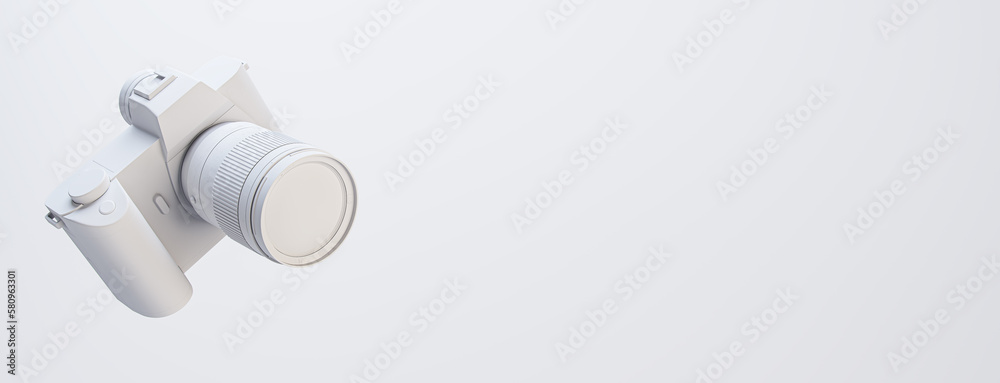 Poster creative minimal white photo camera on wide light background with mock up place for advertisement. t